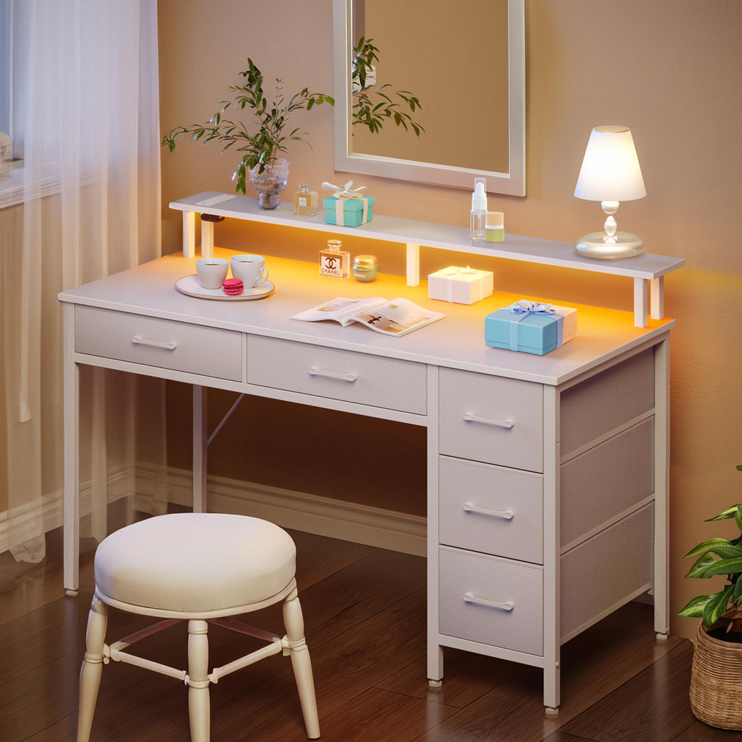 Linze Computer Desk w/ Monitor Shelf, RGB LED Lights, USB Ports & Drawers